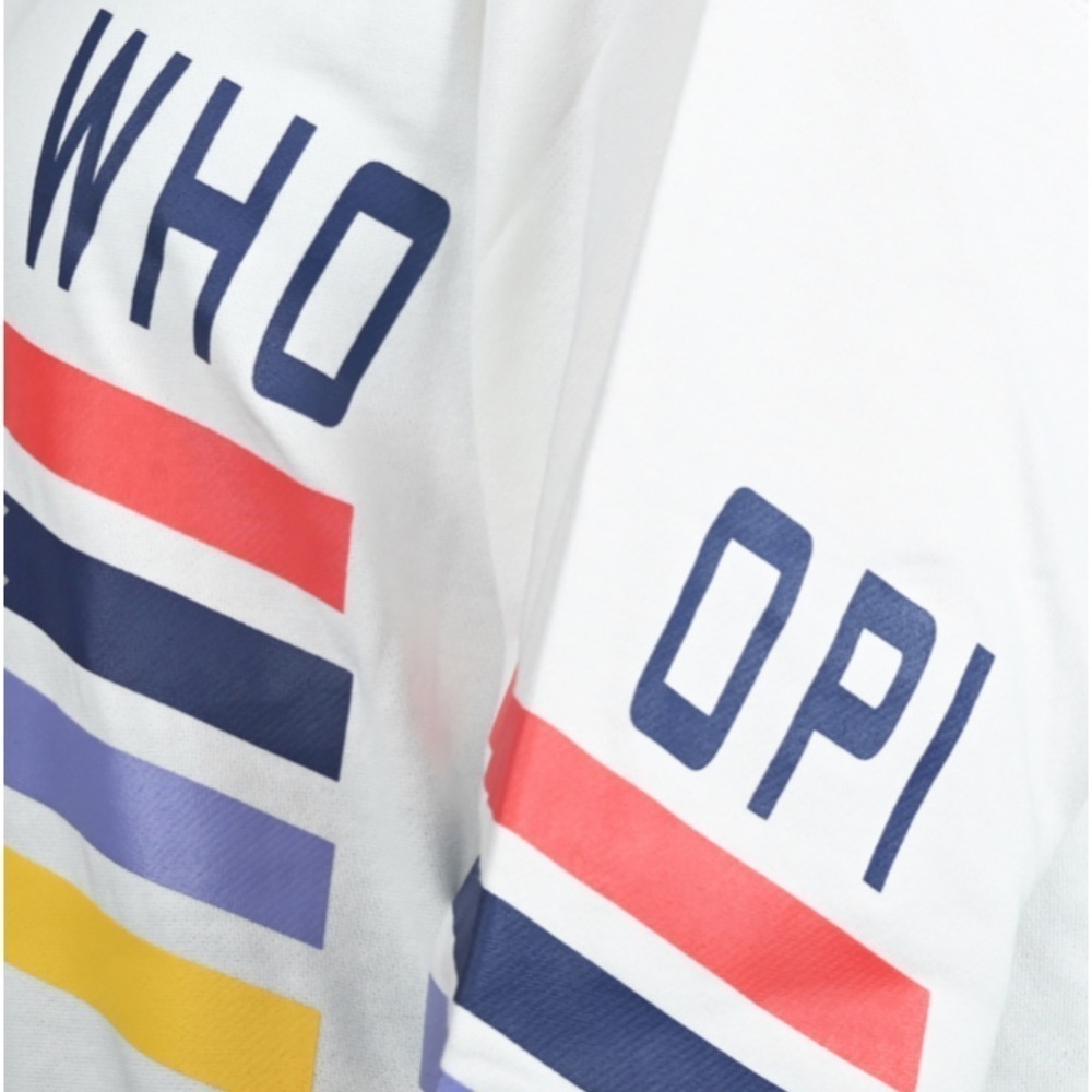 White Whoopi Long Sleeve Multicolor Stripe Logo French Terry Sweatshirt- Dubgee - Picture 5 of 6